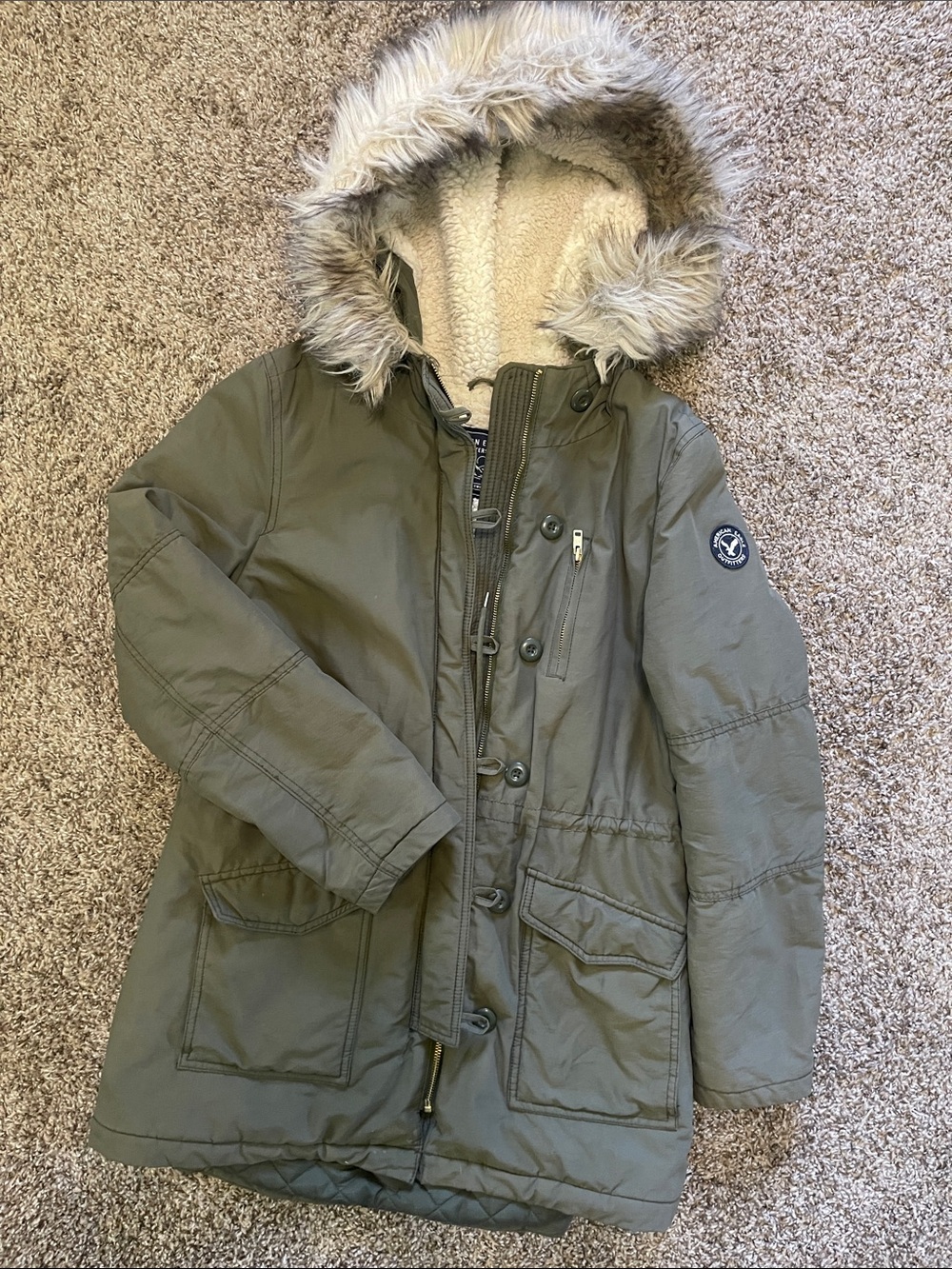 American Eagle Outfitters Olive Hooded Faux-Fur Trim Kids Puffer Coat